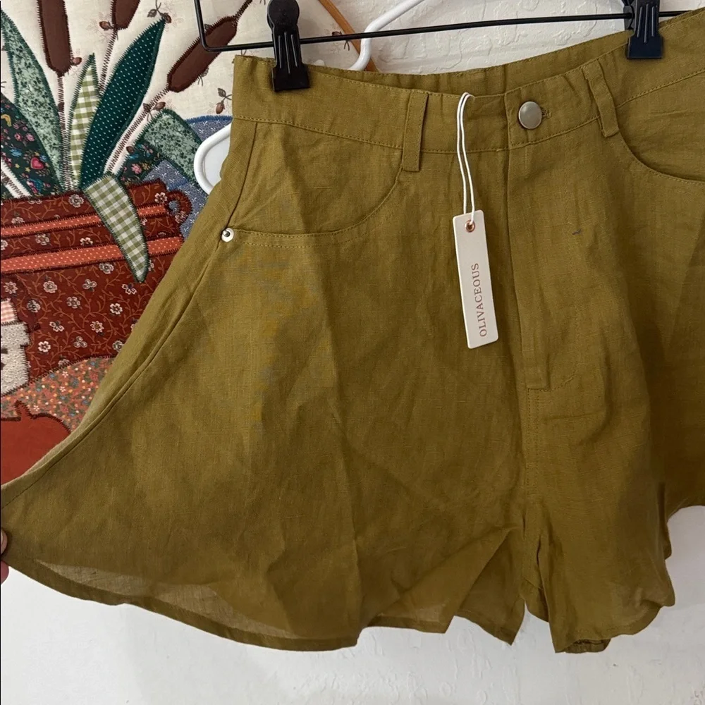 Olivaceous Green Linen Blend Lightweight Butterfly Flare Short High Rise S NWT